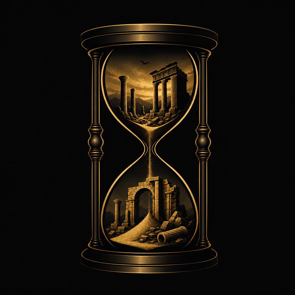 gpt image 2 minimalist logo hourglass with ancient ruins inside dark background dramatic lig 0